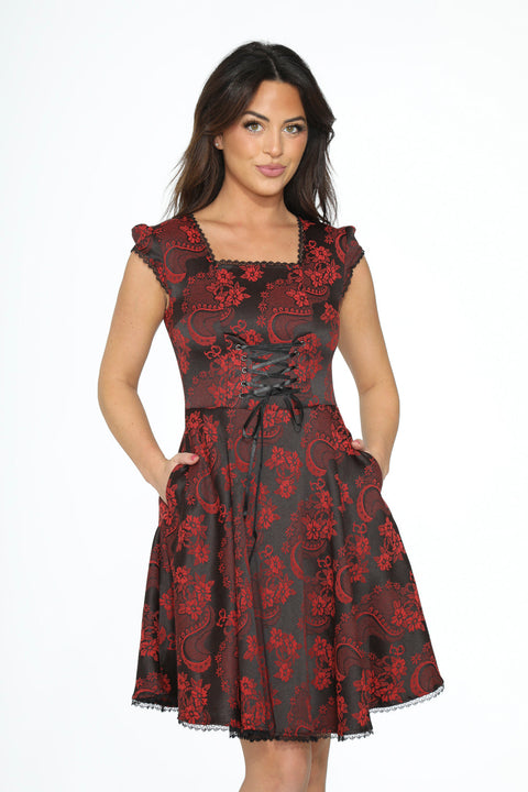 Red Brocade Gothic Swing Dress-5