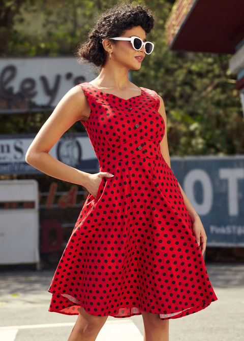 Red Black Polka Dot Swing Dress-2