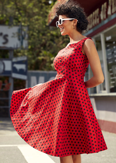 Red Black Polka Dot Swing Dress-1