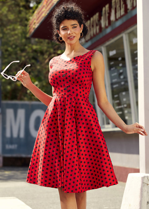 Red Black Polka Dot Swing Dress-4