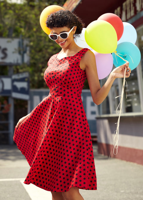 Red Black Polka Dot Swing Dress-5