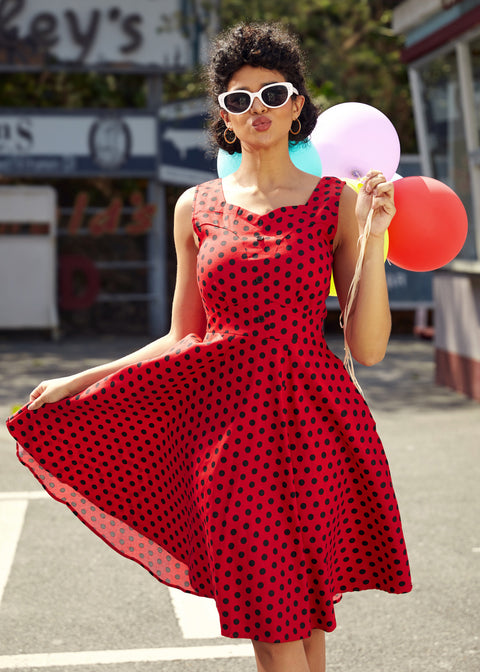 Red Black Polka Dot Swing Dress-7