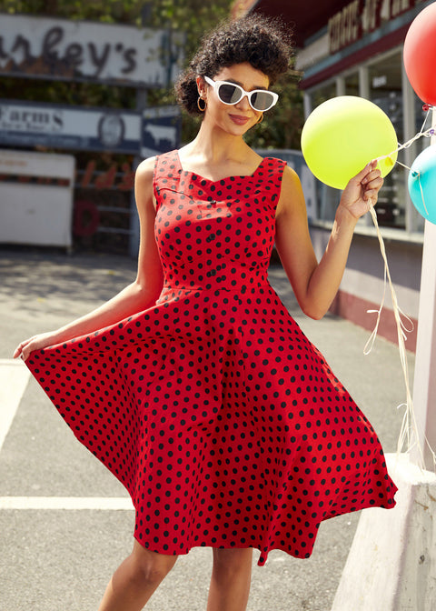 Red Black Polka Dot Swing Dress-6