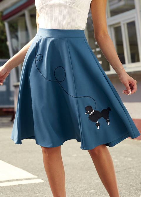 Blue Embroidered Poodle Swing Skirt-2
