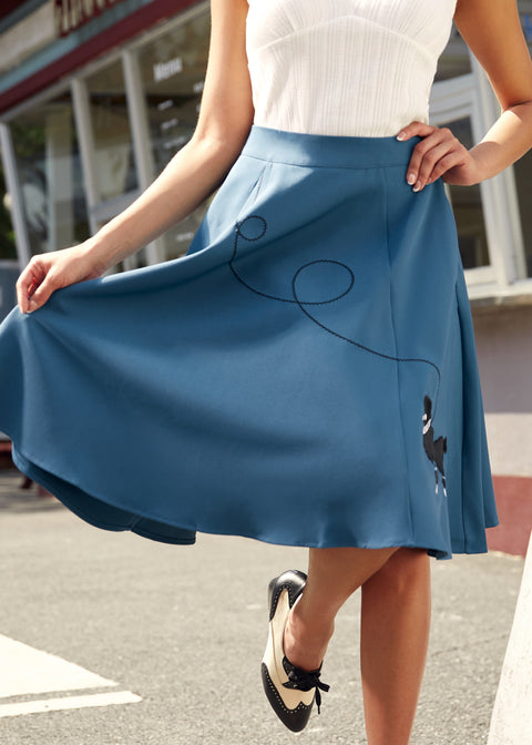 Blue Embroidered Poodle Swing Skirt-5