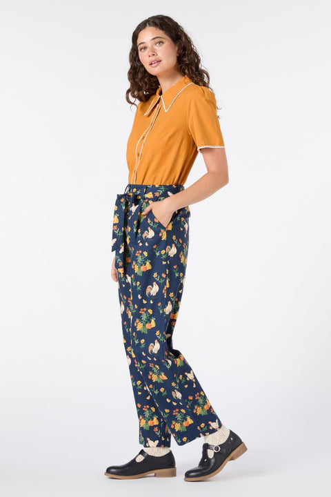 Chickens Print Tapered Cotton Pants-2