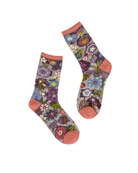 Dark Florals Black Sheer Crew Sock-1