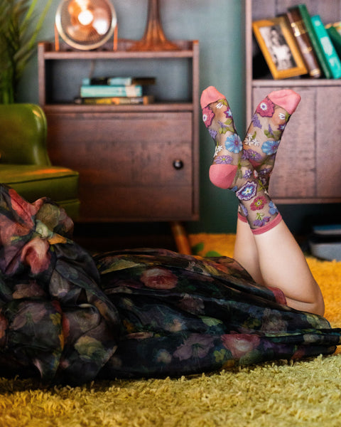 Dark Florals Black Sheer Crew Sock-3