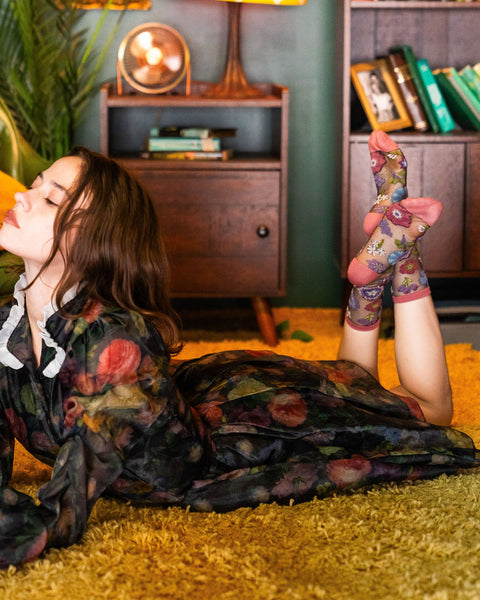 Dark Florals Black Sheer Crew Sock-4